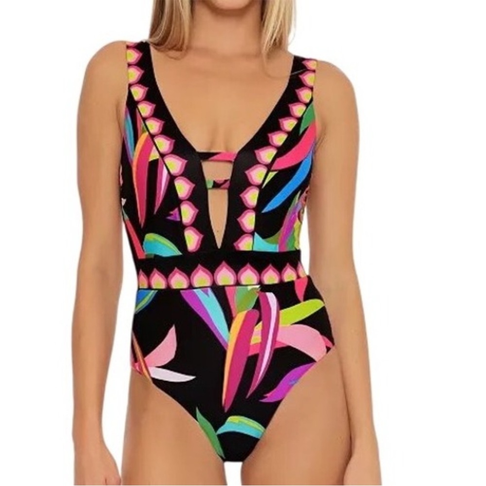 Trina Turk Birds of Paradise Plunge One Piece Swimsuit Size 14